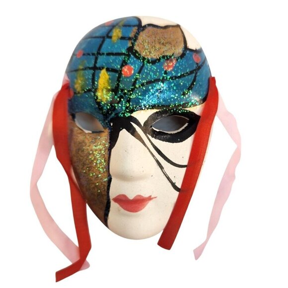 Venetian Style Mardí Gras Ceramic Mini Wall Masks Set Of 3 Colorful Glitter Acce - Picture 3 of 5